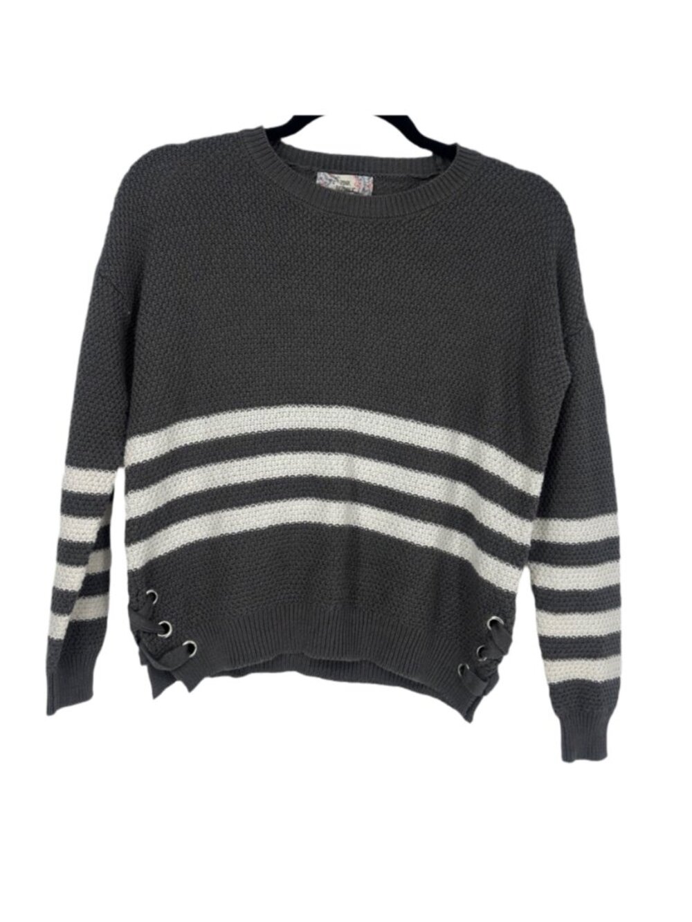 Pink Republic Sweater XS Grey Stripe Lace Up Side Honeycomb Knit Y2K Loungewear - Picture 5 of 7